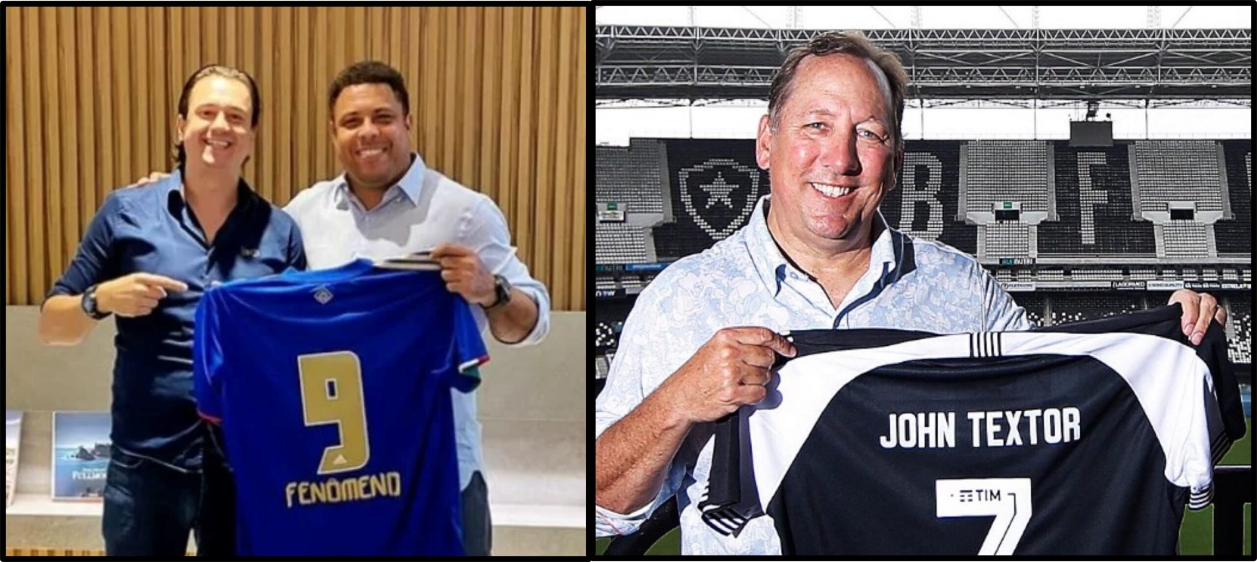 À esquerda, Ronaldo e Sérgio, presidente do Cruzeiro, seguram camisa do Cruzeiro com o número 9. À direita, John Textor segura camisa do Bptafogo com seu nome