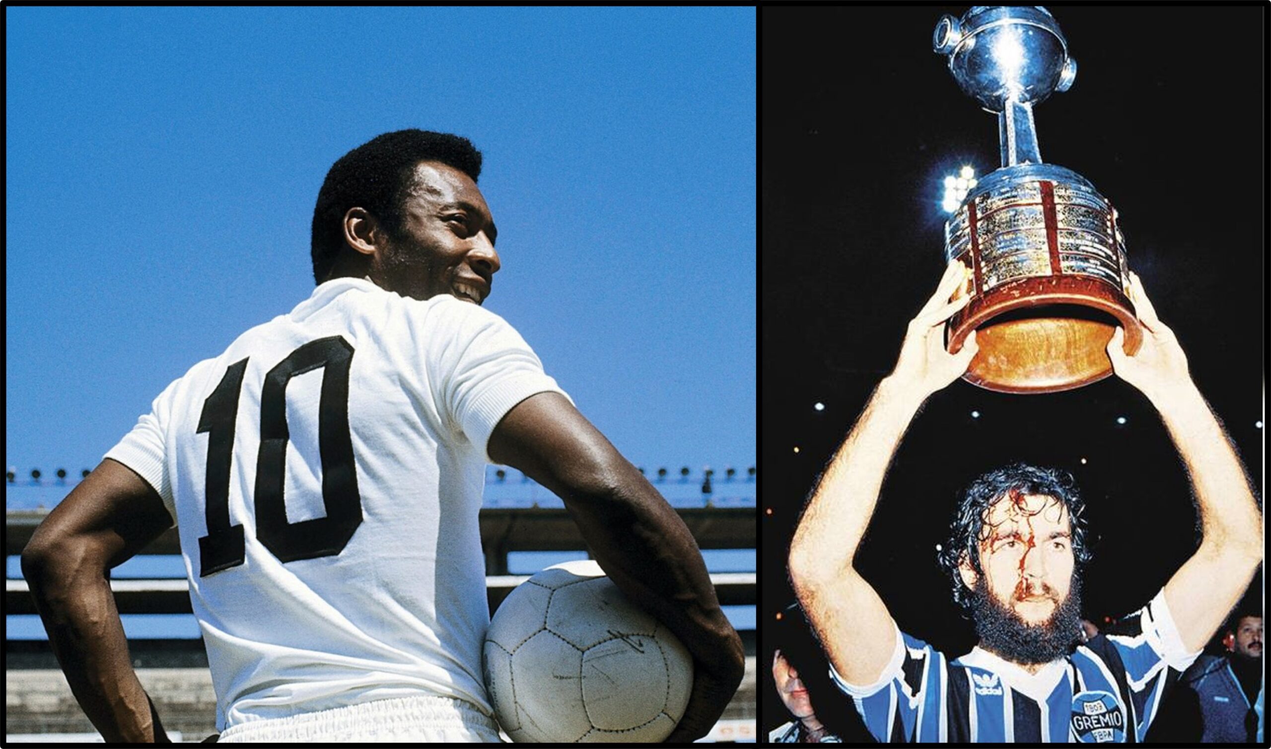 Pelé à esquerda e Hugo de Leon à direita, levantando a Taça Libertadores
